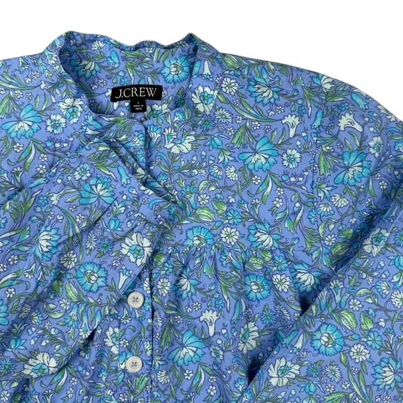 J.Crew Tops - J.Crew Womens Blue Floral Cotton Band Collar Long Sleeve Blouse Top Large